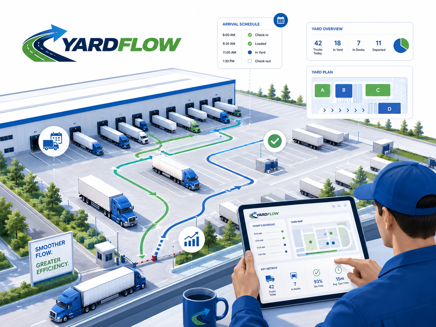 YardFlow teljes yard áttekintés tabletes operatív nézettel